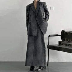 Asymmetrical Pinstripe Blazer & Maxi Skirt Suit