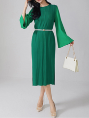 Luxury Pleated Bell Sleeve Dress