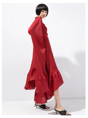 Women's Pleated Midi Dress with Elegant Cape