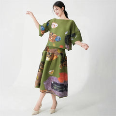 Olive Green Pleated Top & Skirt Set