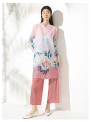 Luxury Floral Pleated Blouse & Wide-Leg Pant Set