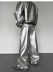 Men's Hooded Metallic Faux Leather Bomber Jacket & Pants Set