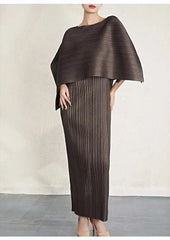 Luxury Pleated Midi Dress Cape Set