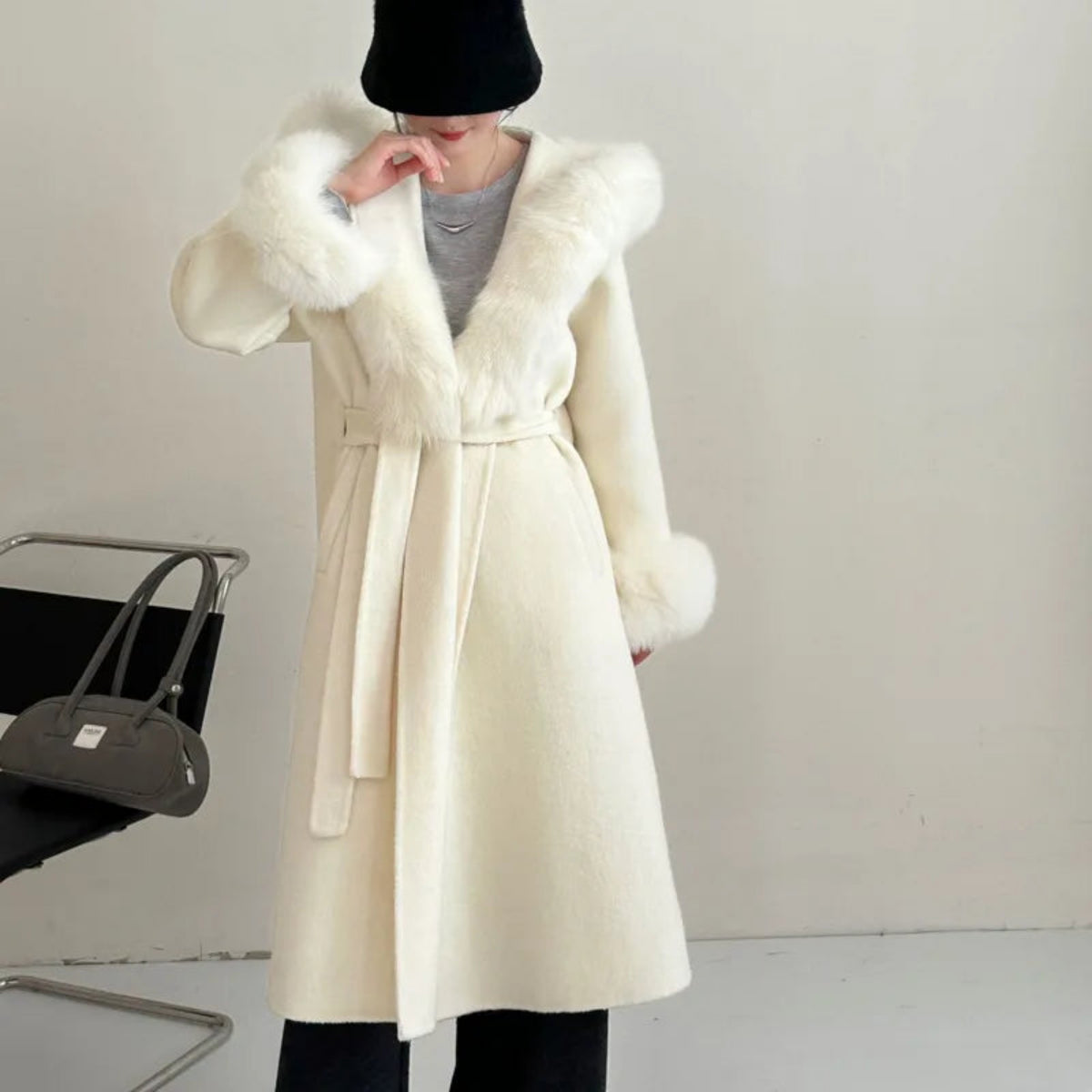 Luxury Wool-Blend Faux Fur Hooded Coat