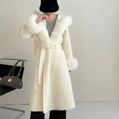 Luxury Wool-Blend Faux Fur Hooded Coat