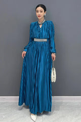 Women's Elegant Blue Striped Pleated Midi Dress