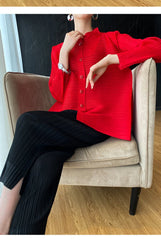 Luxury Red Pleated Asymmetrical Plissé Cardigan