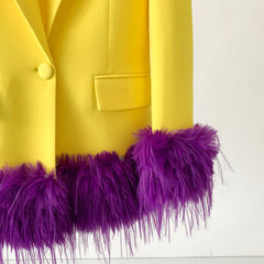 Women's Luxe Yellow Blazer with Purple Feathers