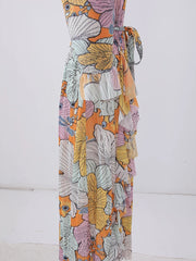 Women's Elegant Floral Ruffle Pleated Midi Dress