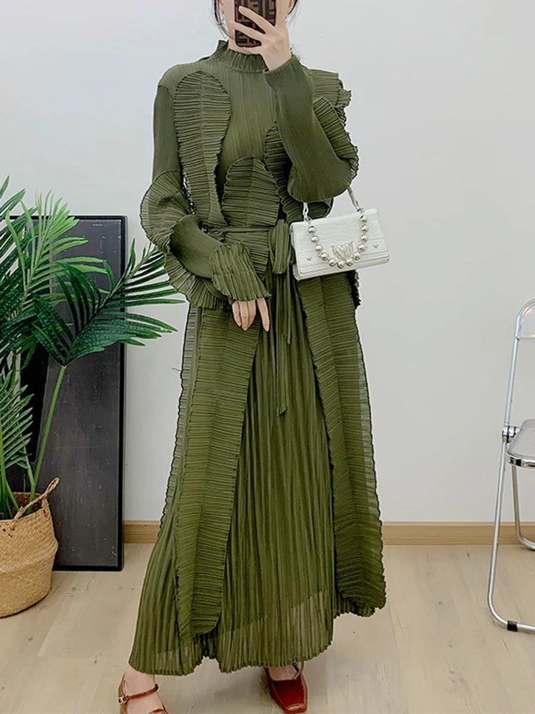 Plissé Pleated Chiffon Long Sleeve Midi Dress