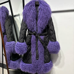 Women's Diamond Quilted Sheep Fur Long Coat