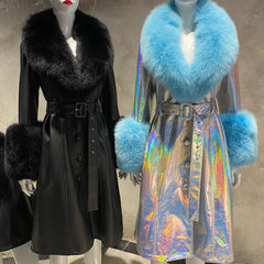 Luxury Detachable Fox Fur & Leather Belted Long Coat