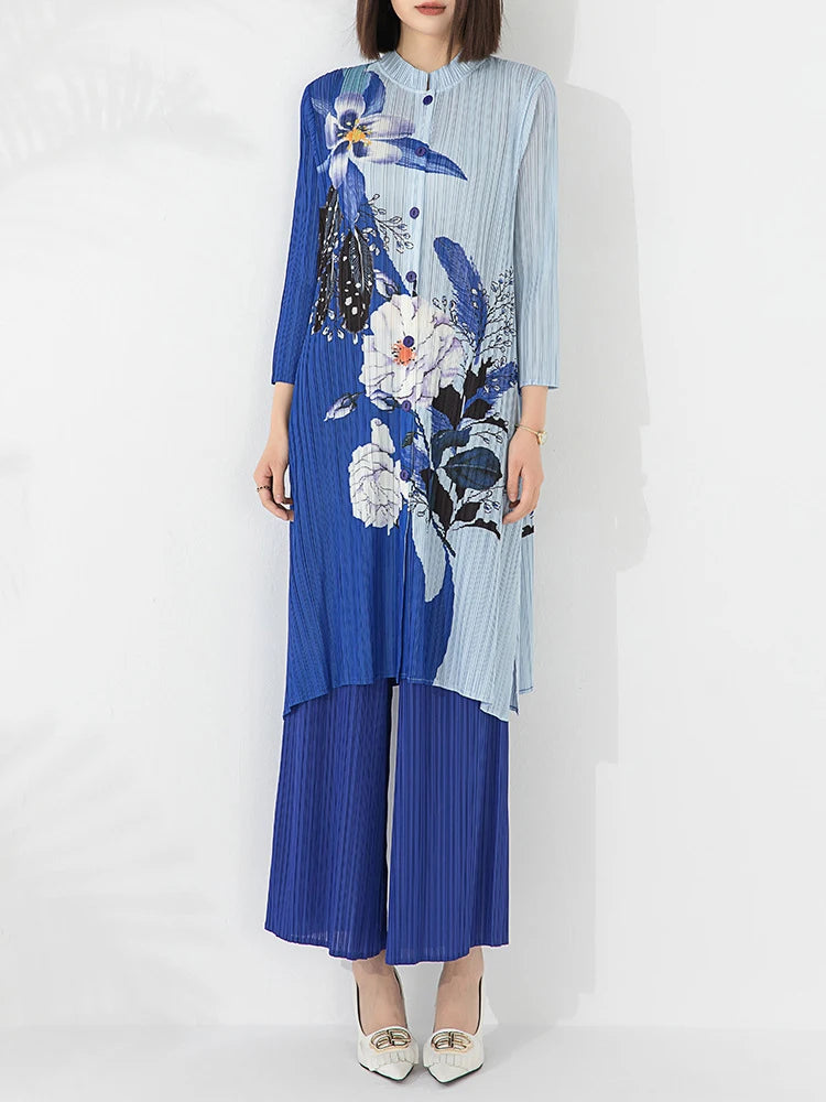 Floral Japanese Pleated Blouse & Pull-On Trousers