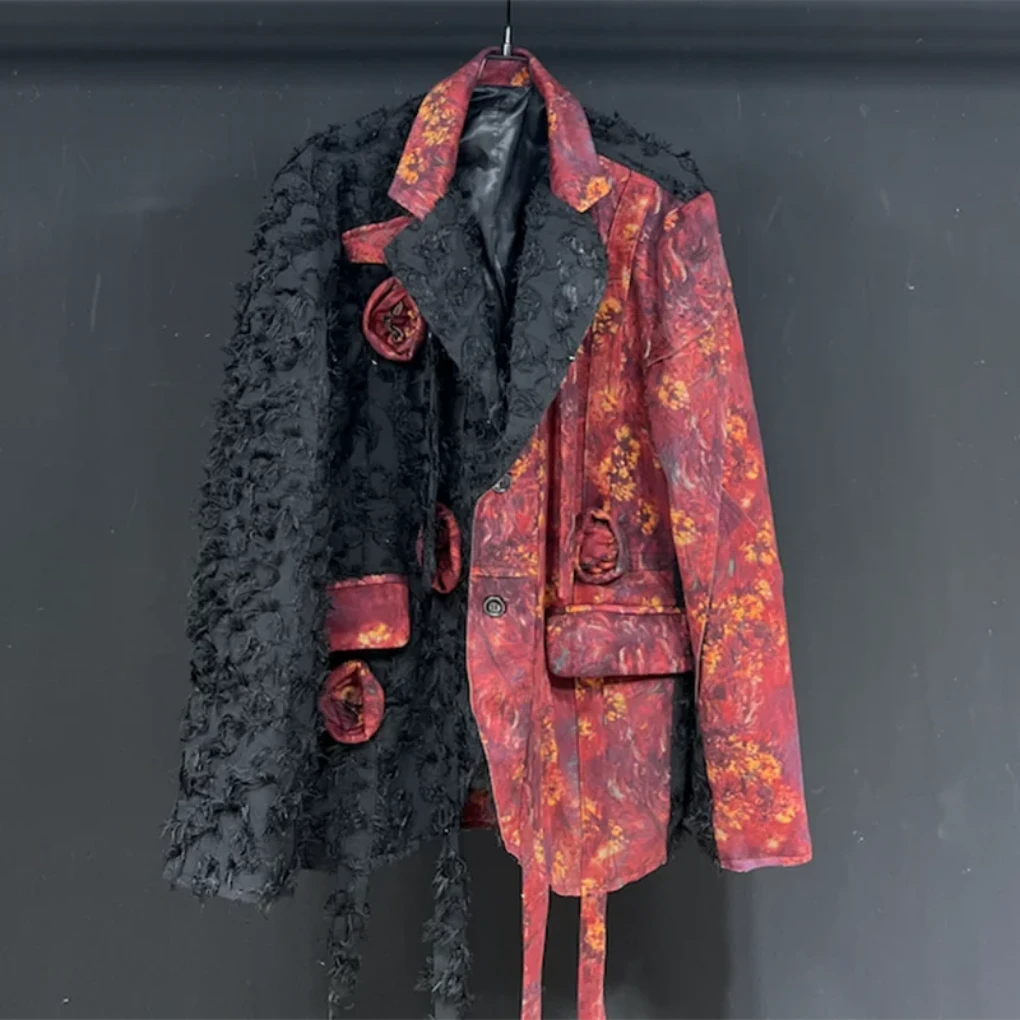 Men's Distressed Floral Blazer in Red & Black