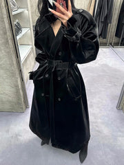 Women's Elegant Black Oversized Faux Leather Coat