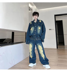 Men's Tokyo Edge Distressed Denim Streetwear Jeans Set