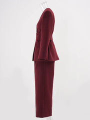 Luxe Burgundy Wool Blend Wide Leg Pant Suit