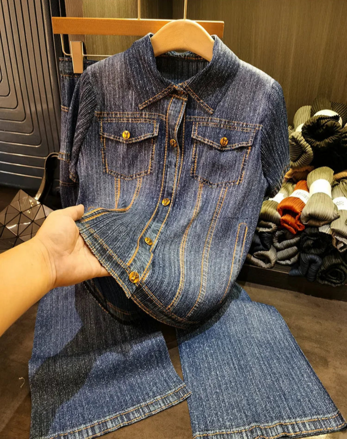 Denim Pleated Blouse & Wide Leg Pants