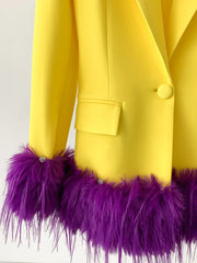 Women's Luxe Yellow Blazer with Purple Feathers