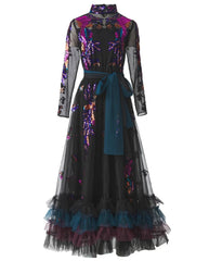 Luxury Sequined Sheer-Sleeve Dress
