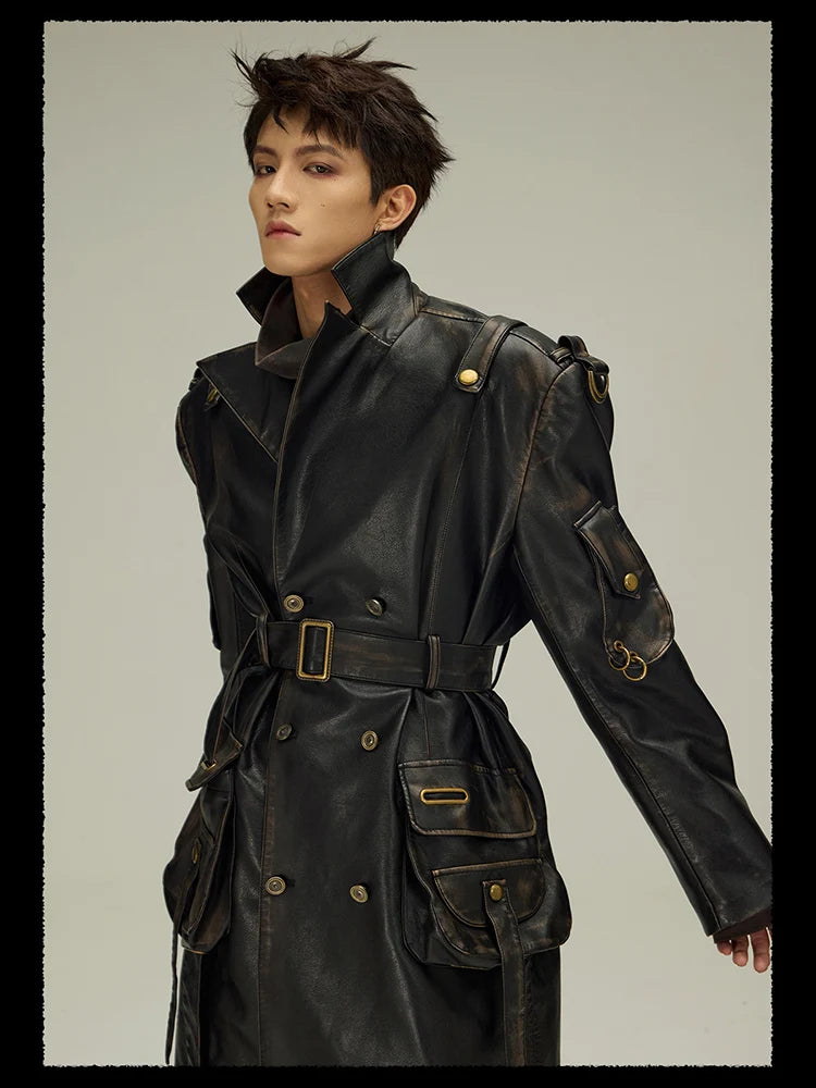 Men s Black Vegan Leather Trench Coat Luxury Streetwear HEYFANCYSTYLE