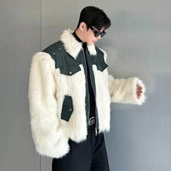 Men's Denim & Fluffy Faux Fur Short Coat