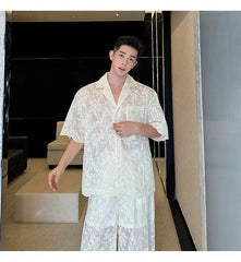 Men's Sheer 2-Piece Embroidery White Lace Suit Set