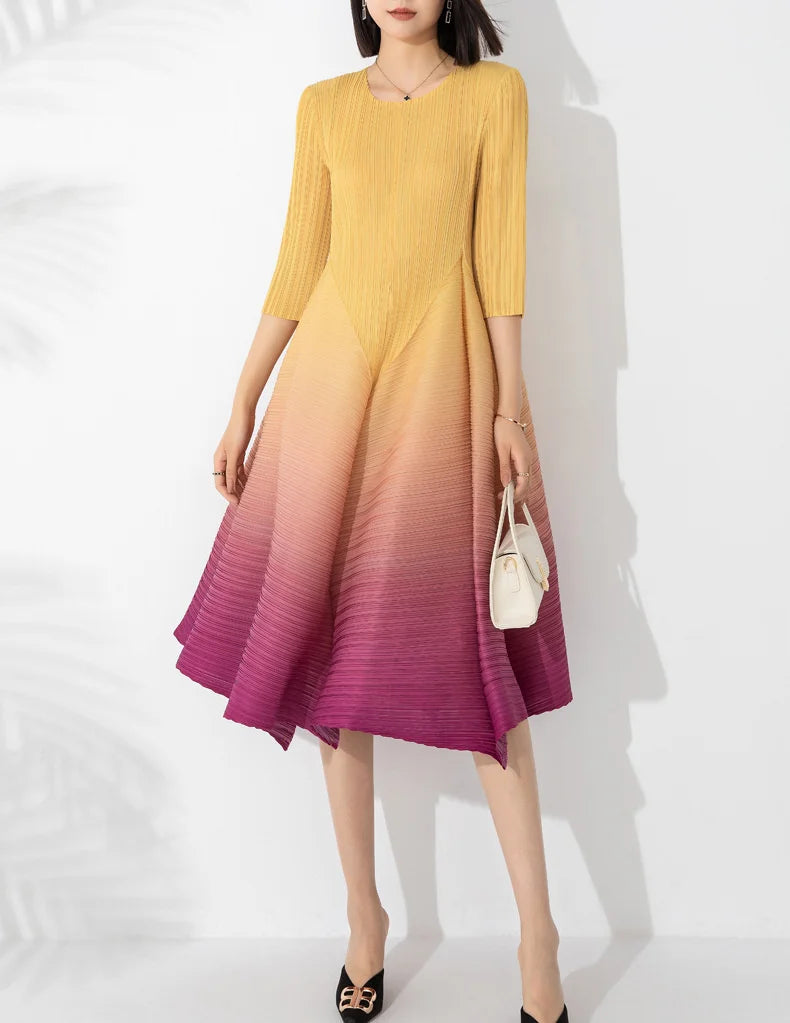 Couture Pleated 3/4 Sleeve Midi Dress