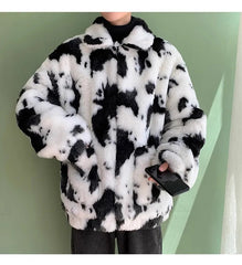 HEYFANCYSTYLE Unisex Oversized Cow Print Fluffy Coat