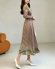 Couture Pleated Belted Floral Dress