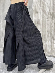 Asymmetric Wide-Leg Pleated Elastic Waist Trousers