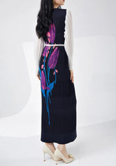 Floral Plissé Long Sleeve Dress