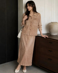Washed Denim Plissé Skirt Set