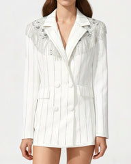 Rhinestone Pinstripe Fringe Blazer