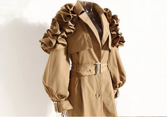 New! Luxe Elegant Ruffle Puff Sleeve Trench Coat