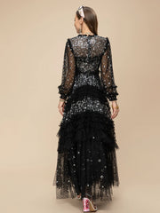 Glamorous Black Sequin Tulle Long Dress