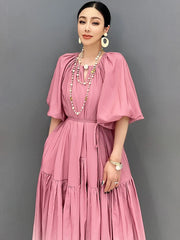 Women's New Gradient Pink Balloon Sleeve Midi Dress