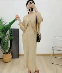 Luxury Pleated Tassel V-Neck Dress