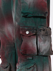 Women's Green & Red Dyed Denim Cargo Jeans