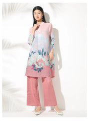 Luxury Floral Pleated Blouse & Wide-Leg Pant Set