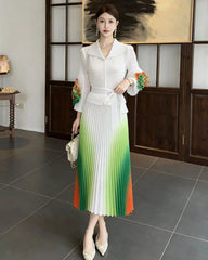 Luxury Pleated Floral-Sleeve Dress