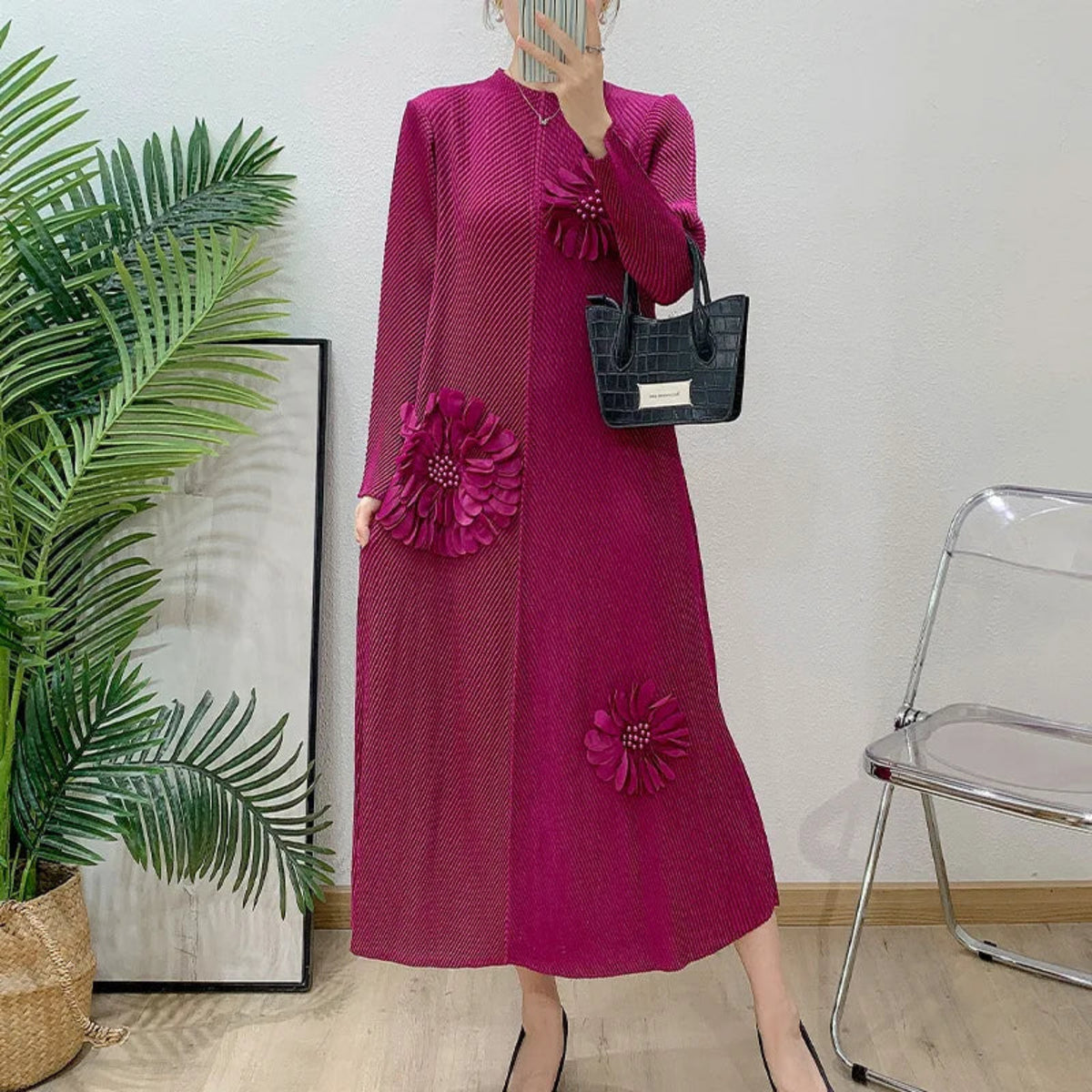 Petite Pleated Textured Midi Dress