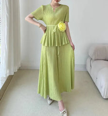 Flowy Pleated Blouse & Skirt Set