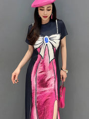 HEYFANCYSTYLE Bow Print Beaded Handmade Dress