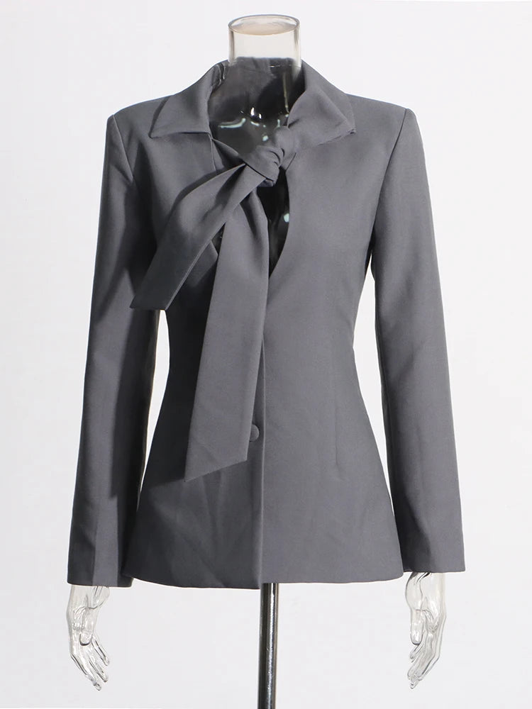 Women's Luxe Gray Blazer with Collar Bow