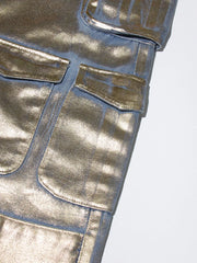 Women's Luxe Gold-Coated Denim Cargo Jeans