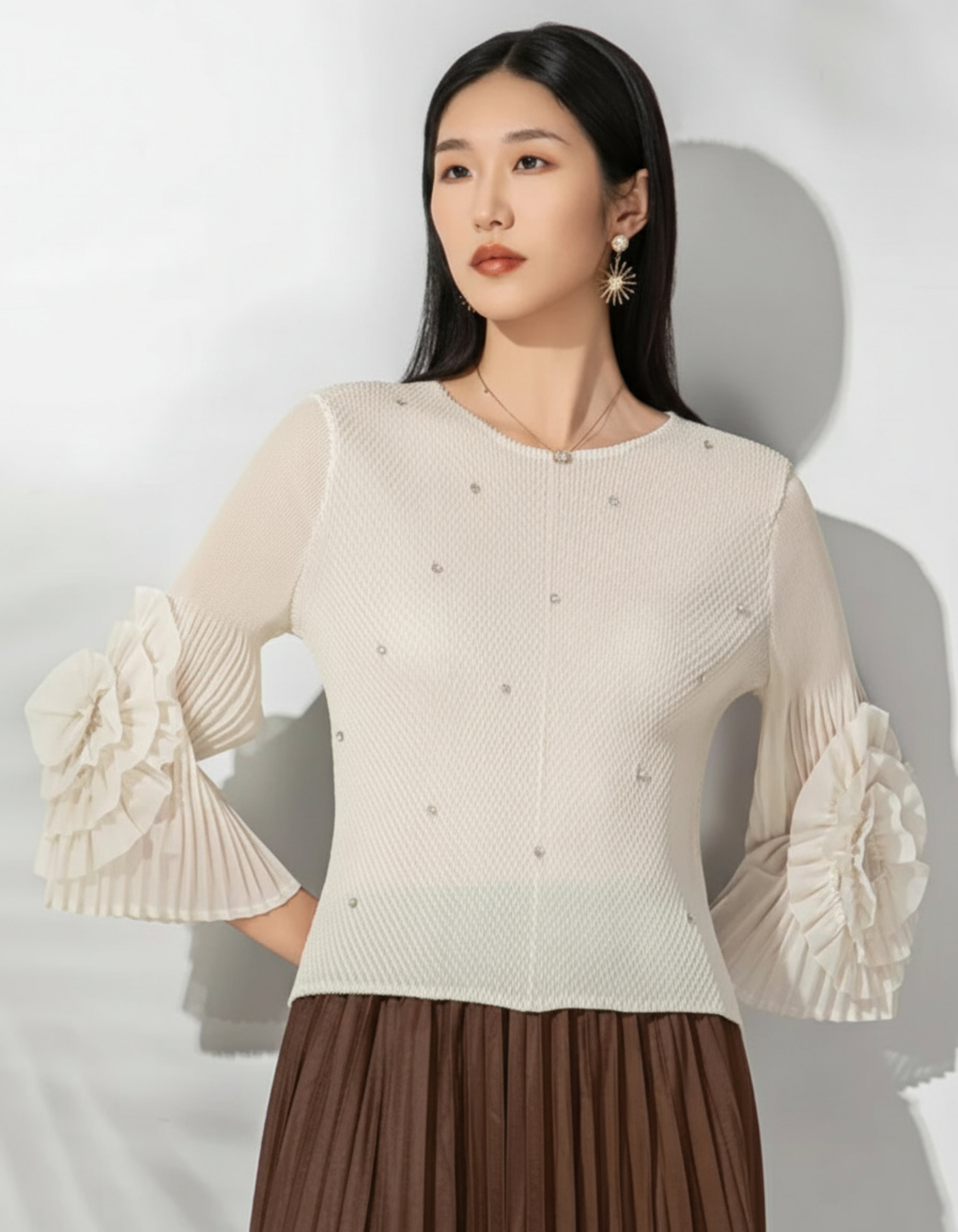 Sheer Japanese Plissé Pleated Sleeve Top With Ruffled Bell Cuffs