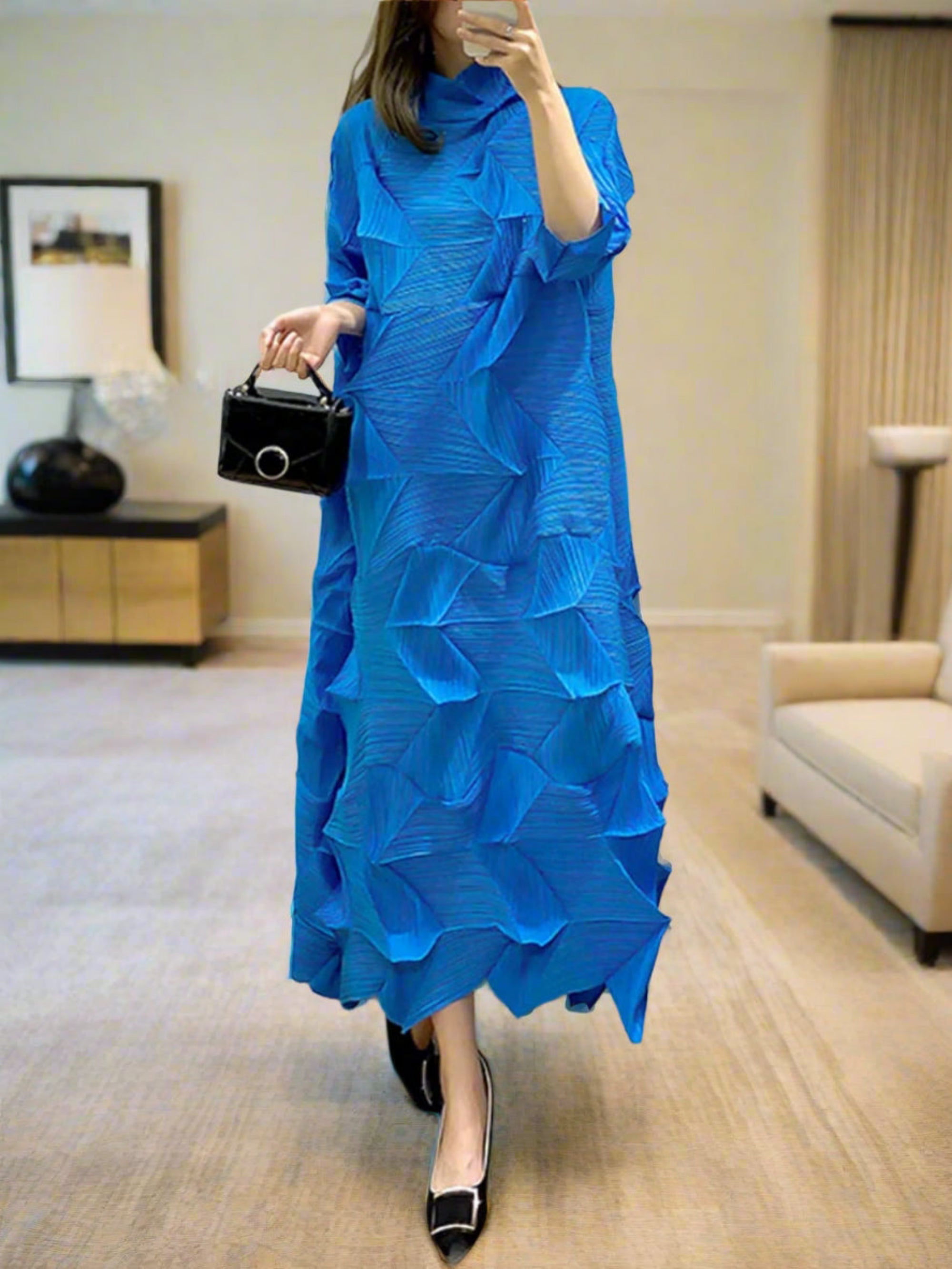 Signature Origami Midi Pleated Dress HEYFANCYSTYLE - Blue