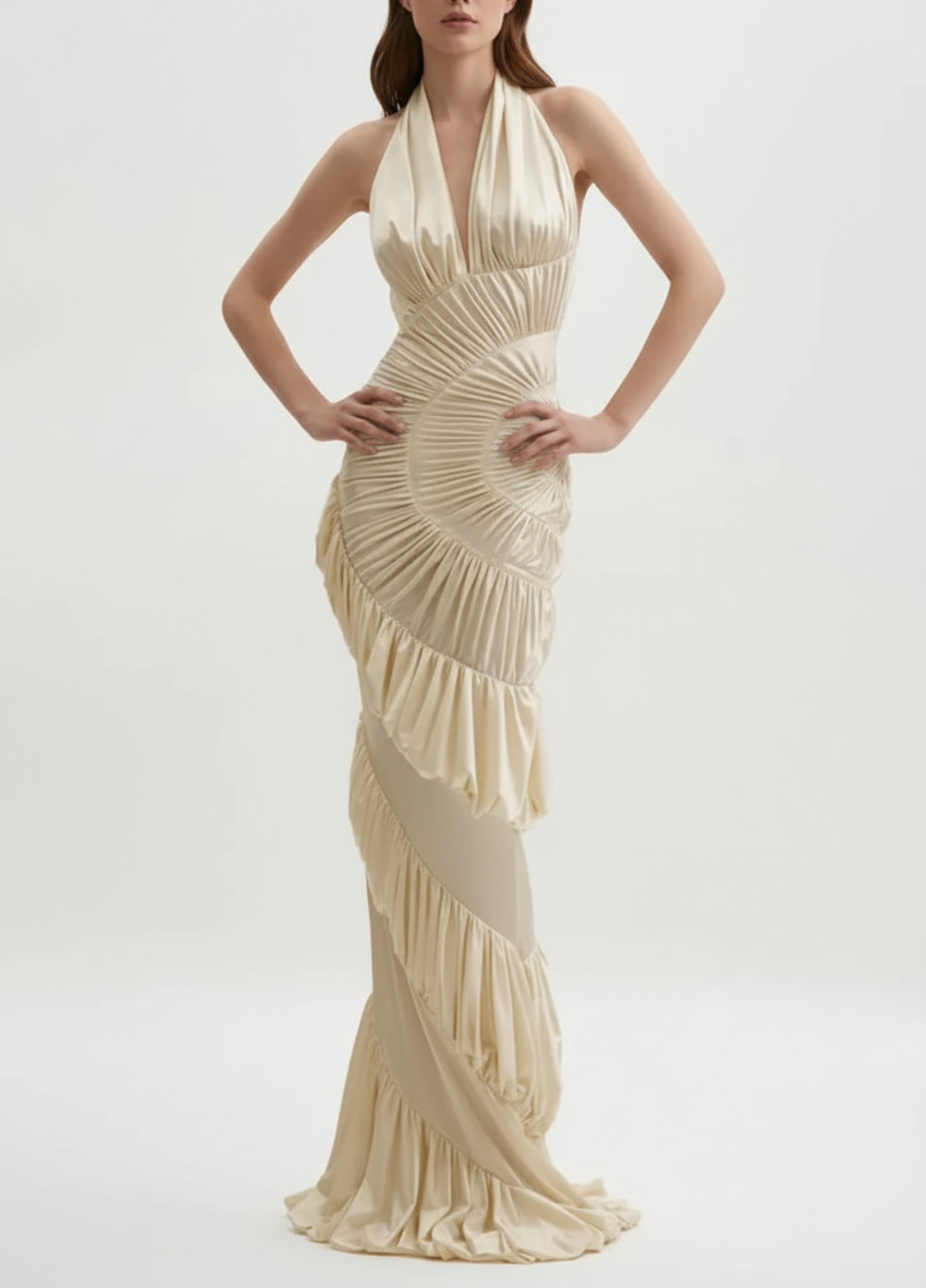Spiral Ruched Halter Evening Gown Open Back Mermaid Hem