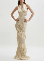 Spiral Ruched Halter Evening Gown Open Back Mermaid Hem